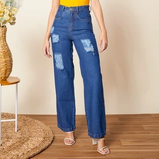 Calça Feminina Jeans Pantalona Rasgadim
