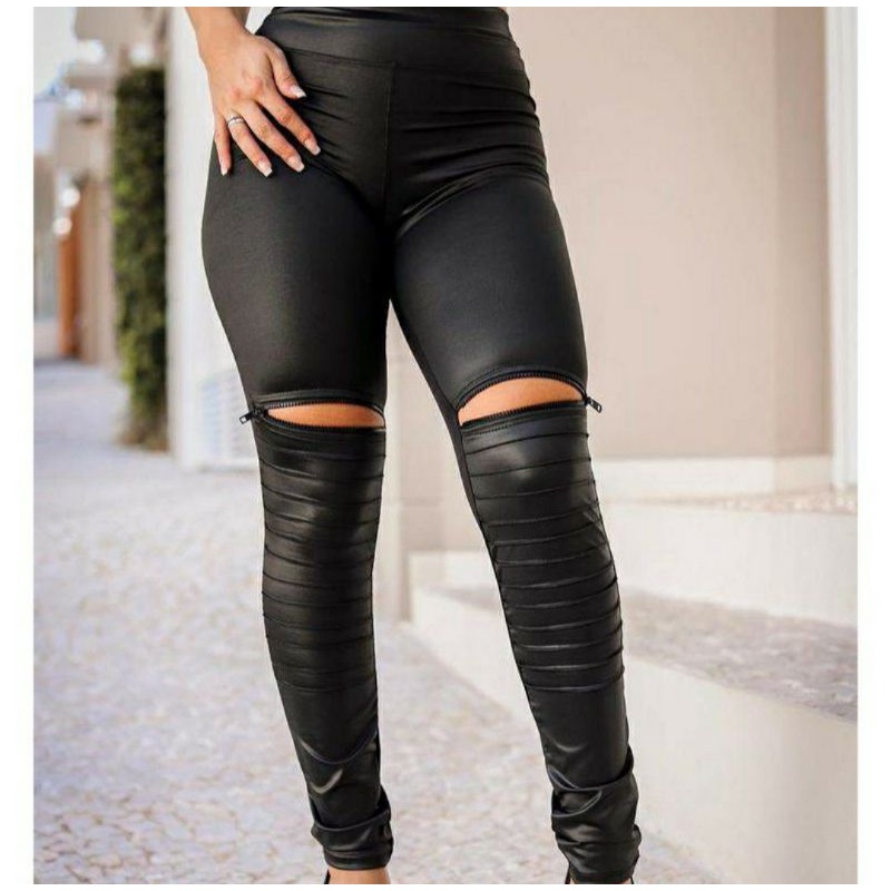 Calça Cirrê Couro Ecológico Montaria Tratorada Com Zíper No Joelho Legging  Feminina