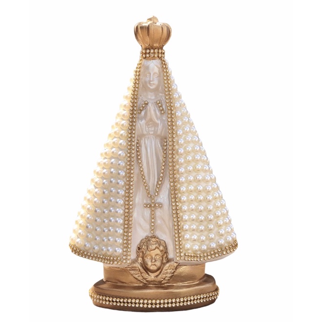 Nossa Senhora Aparecida 24cm com Pérolas Bege e Strass.