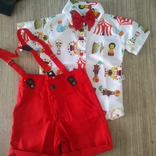 Roupa CIRCO festa menino infantil conjunto Camisa Gravata Bermuda e Suspensório