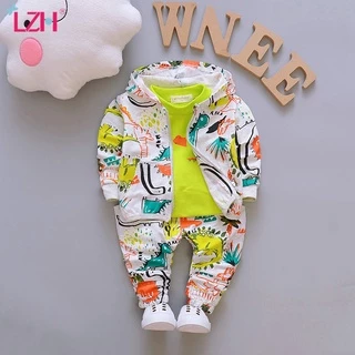 Conjunto Infantil 3 Peças Estampa Dinossauro Com Capuz + Calça + Blusa + Shorts Moda Outono-Inverno