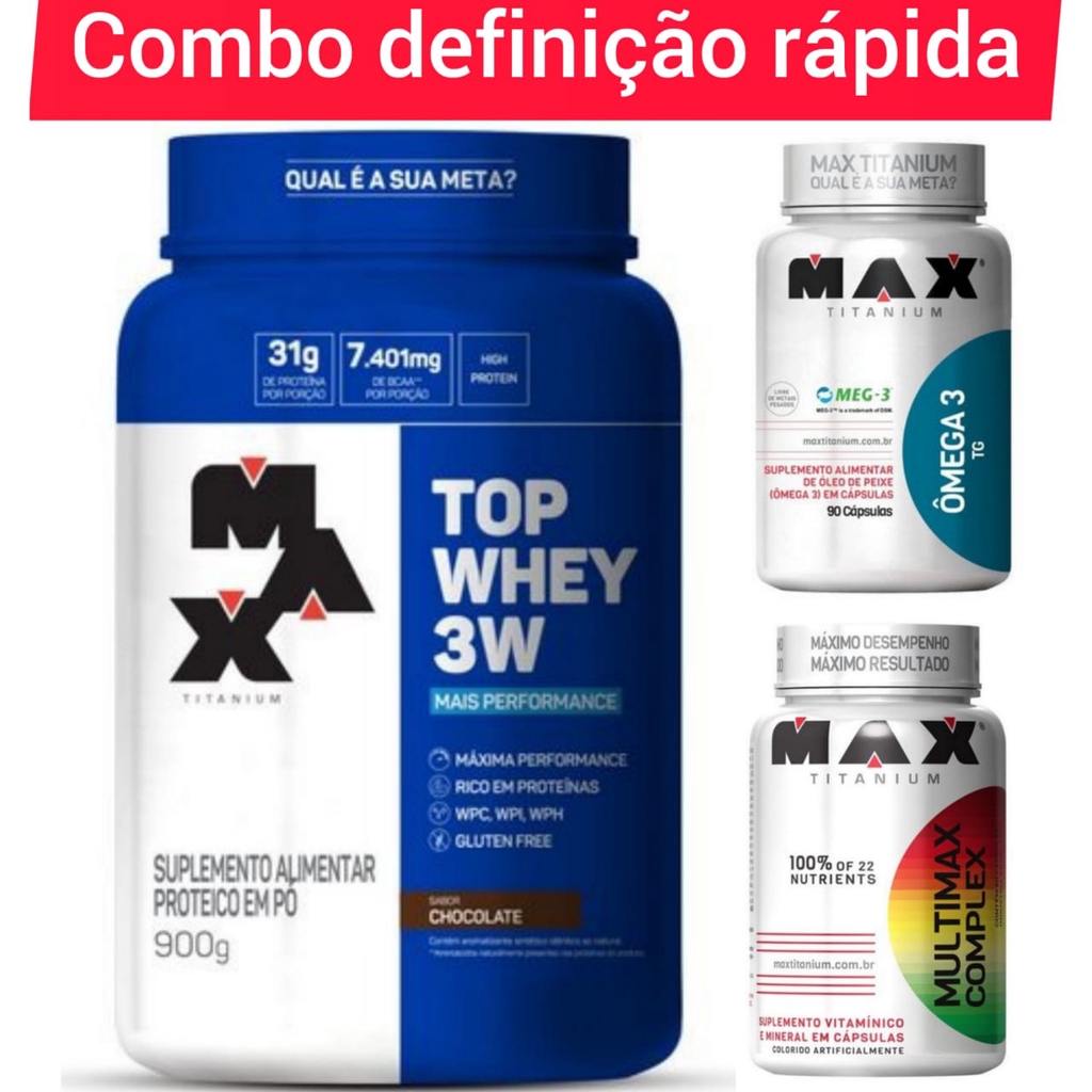 Kit combo definição muscular ganho de massa muscular. TOP WHEY 3 W MAX TITANIUM + ÔMEGA 3 + MULTVITAMINICO MAX TITANIUM SUPLEMENTOS.