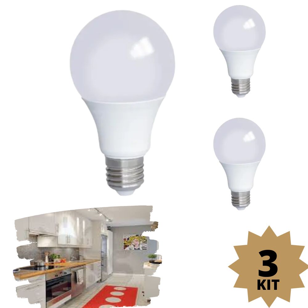 Kit 3 Lâmpada Led 9w Bulbo Branco Frio 6500k Bivolt Soquete E27 Residencial