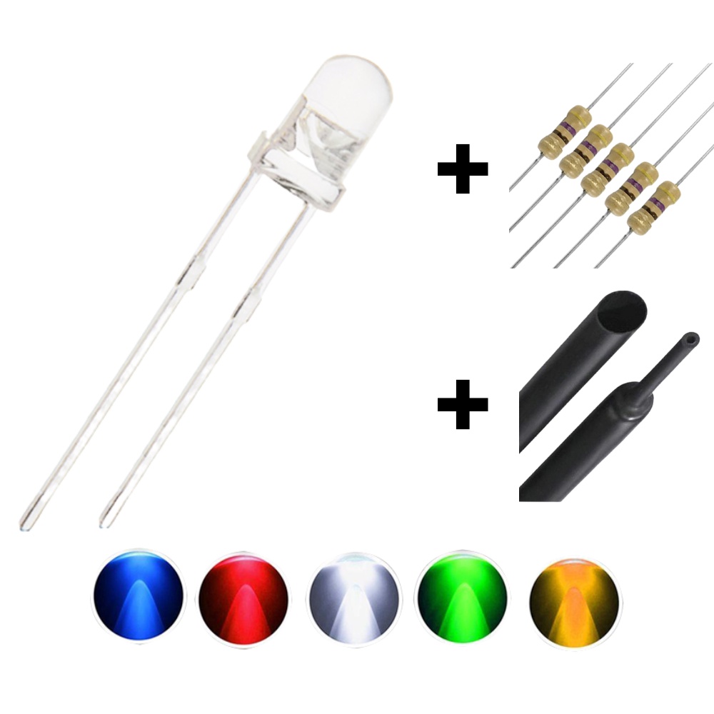 Kit 100x Led 3mm Alto Brilho 5 cores + Espaguete + Resistor 5v 9v 12v