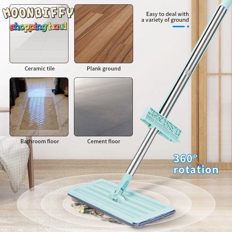 Demonstração do Rodo Mágico Mop 360 graus sendo utilizado em diferentes superfícies como piso cerâmico, madeira e cimento