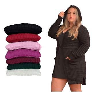 Blusa Feminina Parka Plus Size Tricot Casaco Inverno Capuz