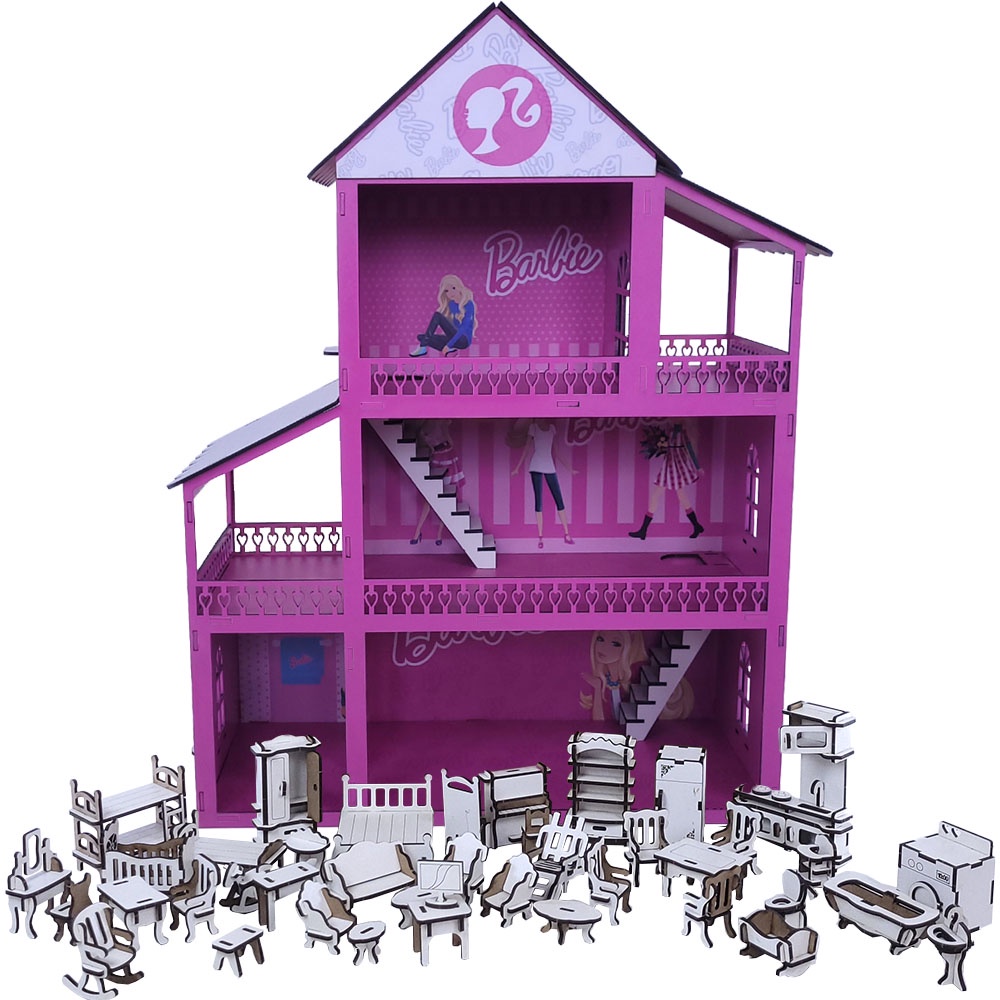 Casinha De Boneca Barbie Mdf Pintada Adesivada + 43 Móveis Brancos