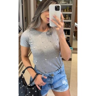 kit c/2 Blusinhas feminina t-shirt com aplique pérolas manga curta moda Blogueira atacado primavera verão