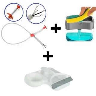 Kit ConjuntoCozinha Desentupidor Ralo + Dispenser Detergente + Rodo de Pia com Suporte