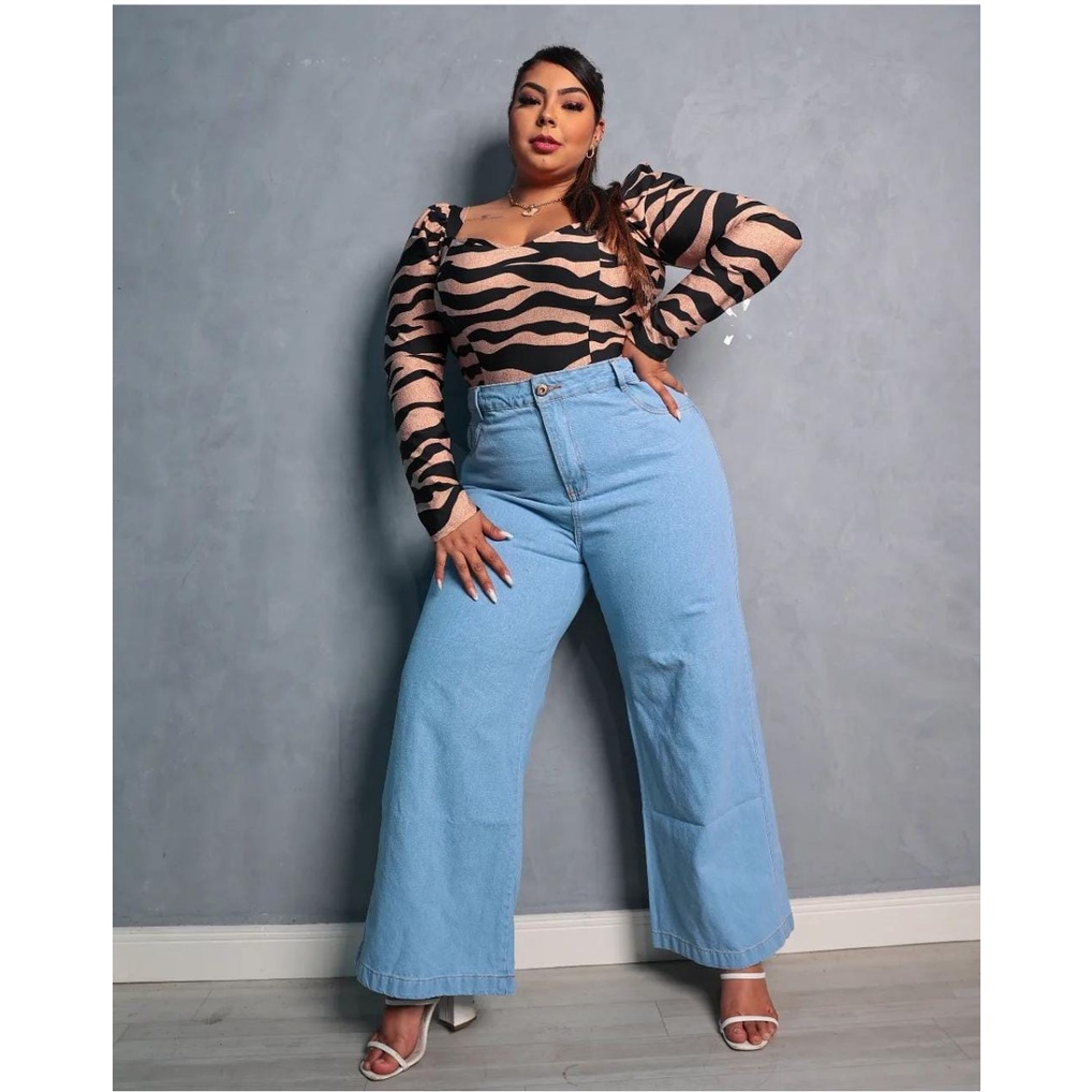 Calça Jeans Versão Lisa Pantalona Wide Leg Soltinha Plus Size