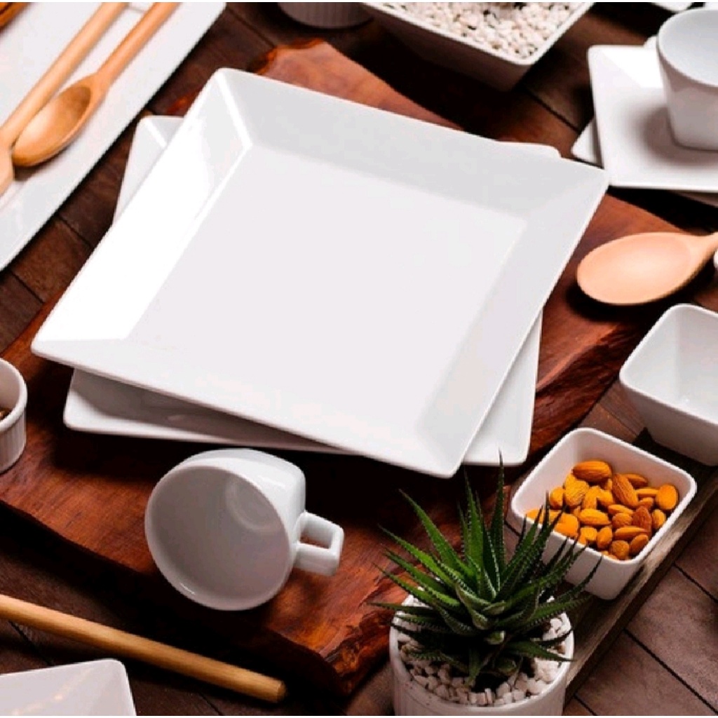 Jogo 6 Pratos Rasos Quadrado Oxford Quartier White Porcelana 26,5x26 ...