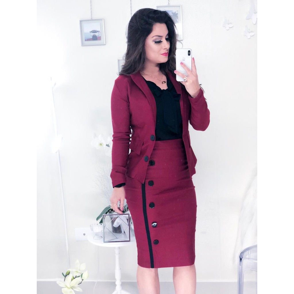 Conjunto Saia Lapis e Blazer feminino Moda Evangelica Shopee Brasil