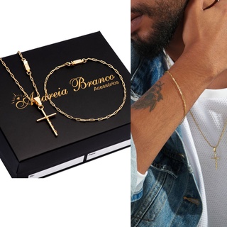 Corrente Masculina Banhada A Ouro 18k + Pulseira E Pingente