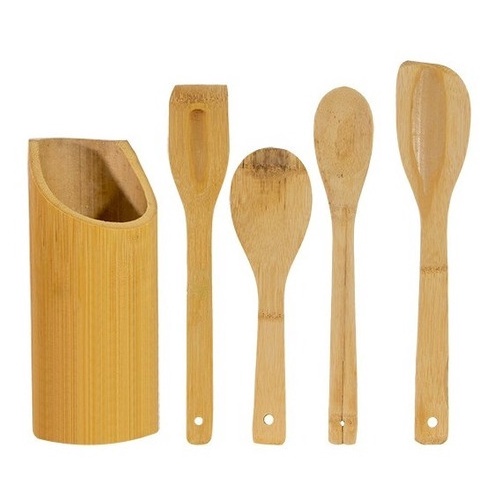 Jogo De Talher De Madeira Bambu 4pçs Com Suporte Decoração