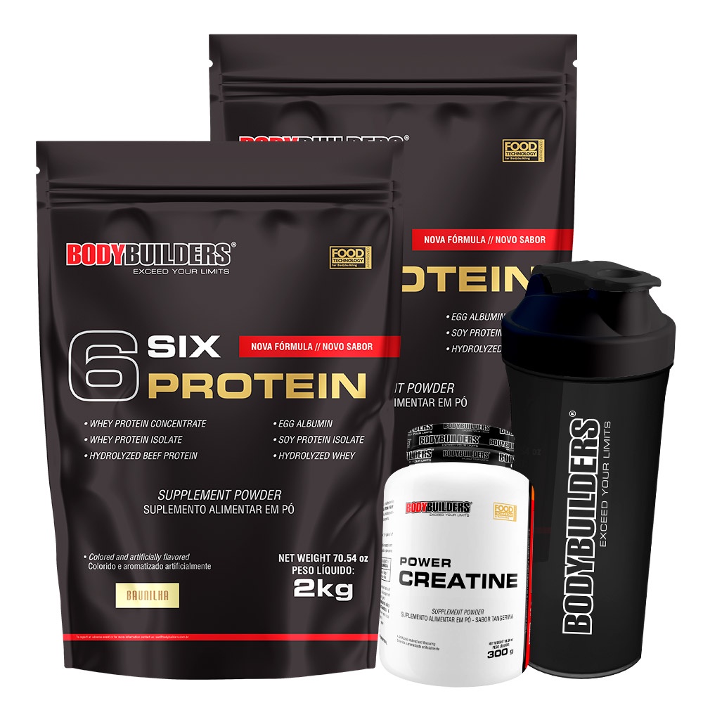 Kit 2x Whey Protein Concentrado 6 Six Protein 2kg + Power Creatina 300g + Coqueteleira – Aumento de Massa Muscular – Bodybuilders