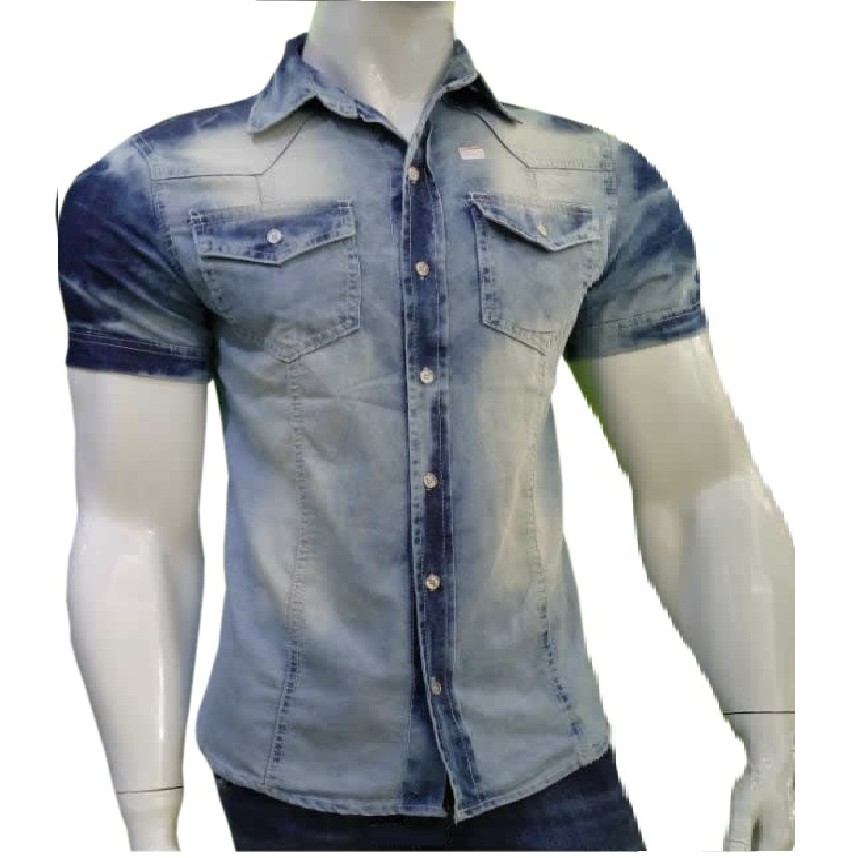 Camisa manga curta jeans hot sale masculina