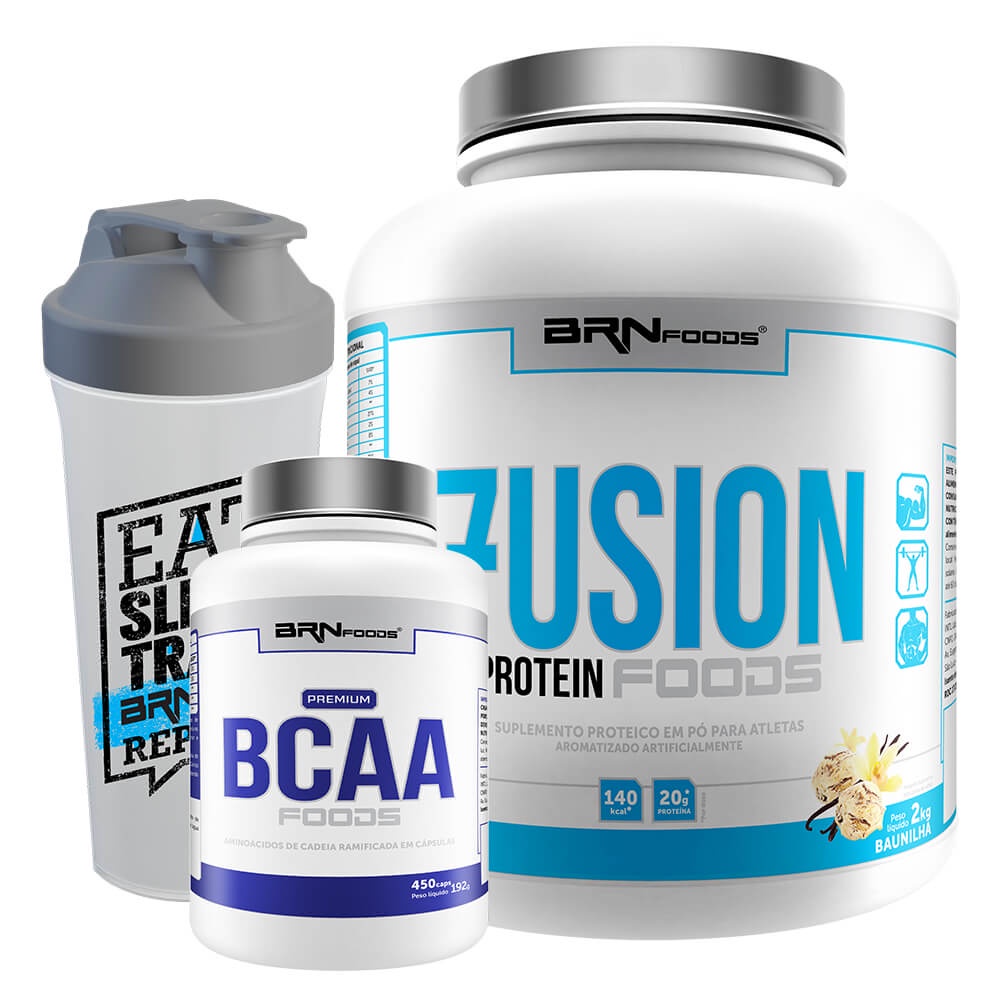 Kit Whey Protein Fusion Protein 2kg + BCAA 450 Cápsulas + Coqueteleira 600ml – BRNFOODS