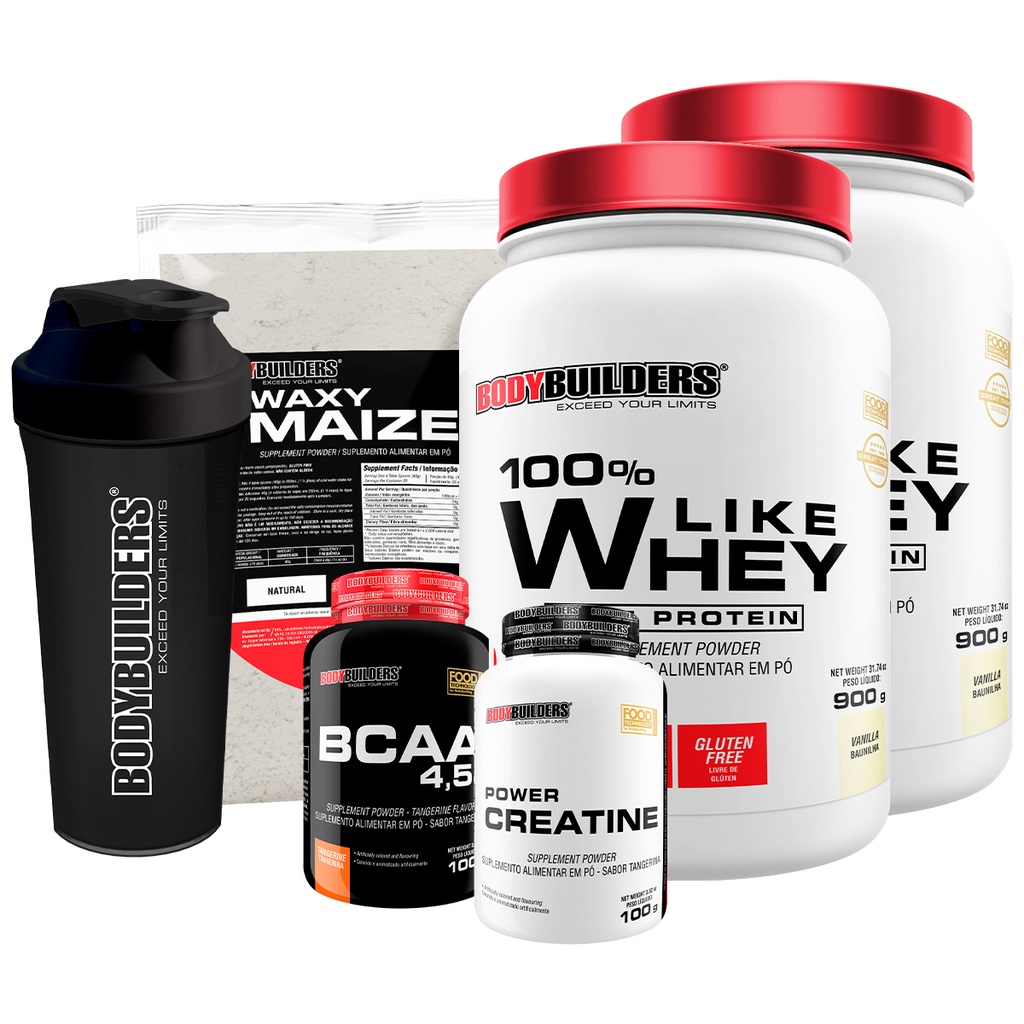 Kit 2x 100% Like Whey Pure Protein 900g + Waxy Maize 800g + Power Creatina 100g + BCAA 4,5 100g + Coqueteleira – Aumento de Massa Muscular – Bodybuilders