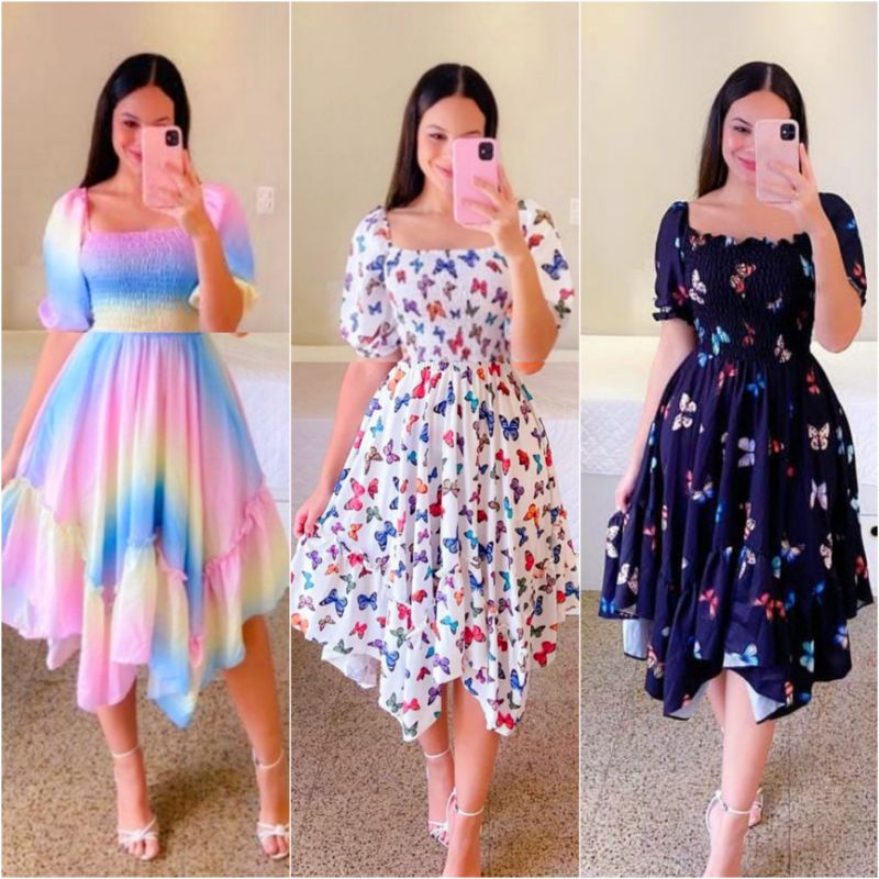 Vestido Estampado Feminino Lastex Manga Bufante Princesa Borboleta Floral Moda Evangélica