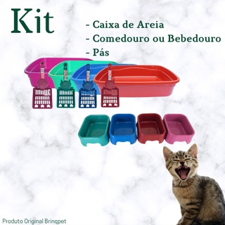 Combo Caixa de Areia Grande + Pá + Bebedouro e Comedouro Pet Anti Formiga Para Gatos da Brinqpet