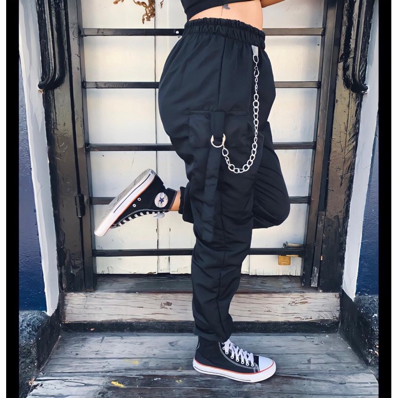 Calça Jogger Cargo Bolso Lateral Hip Hop Unissex Corrente