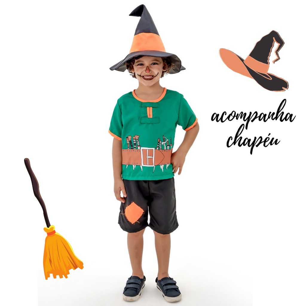 Fantasia Infantil Bruxo menino Halloween com chapeu carnaval