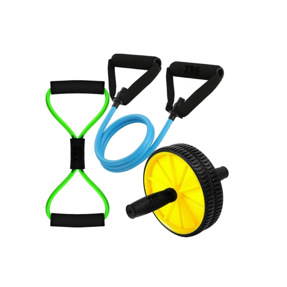 2 Elastico Exercicios + Roda Abdominal Corpo Fit Academia MBFIT