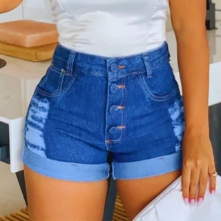 Short Jeans Feminino Cintura Alta Botões Cobertos Hot Pants Jeans Detonado Shortinho Jeans