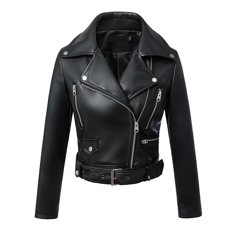 New Autumn Women Pu Leather Jacket Woman Zipper Belt Short Coat Female  Black Punk Bomber Faux Leather Outwear