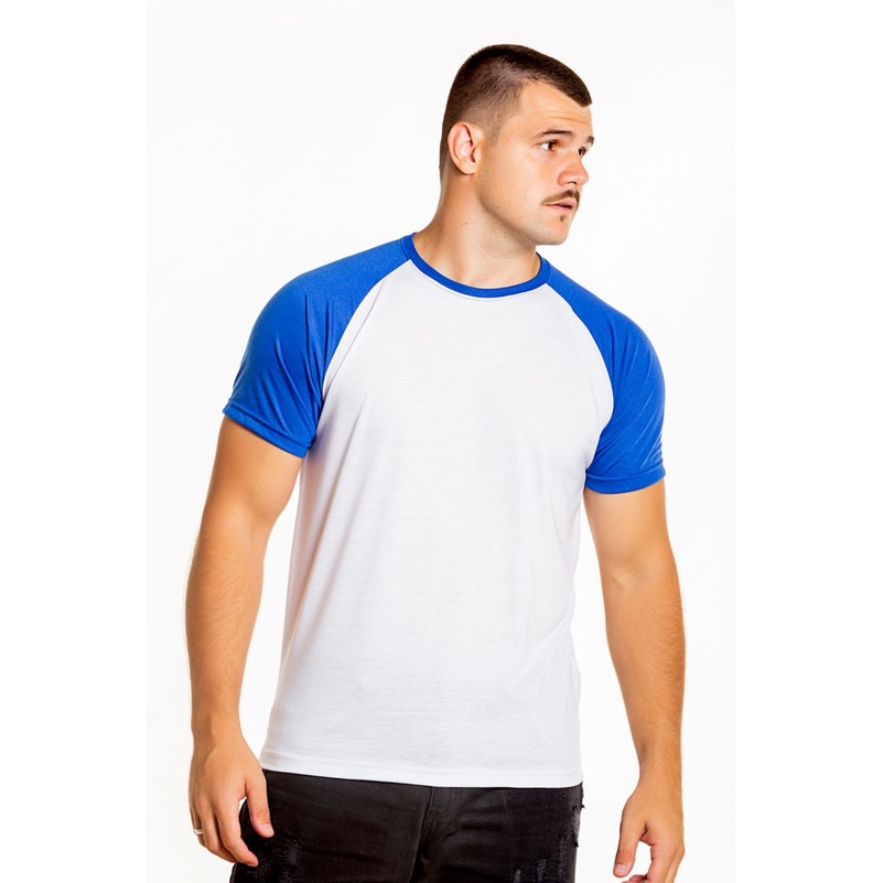 Camiseta Raglan Branca Com Manga Azul Royal 100% Poliéster | Shopee Brasil