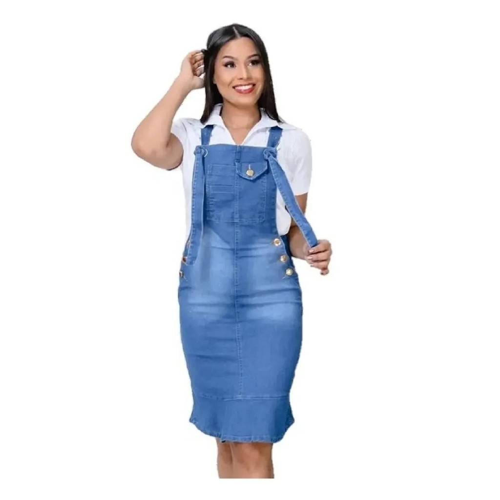 Jardineira Saia Jeans - Com Lycra - Moda Evangélica