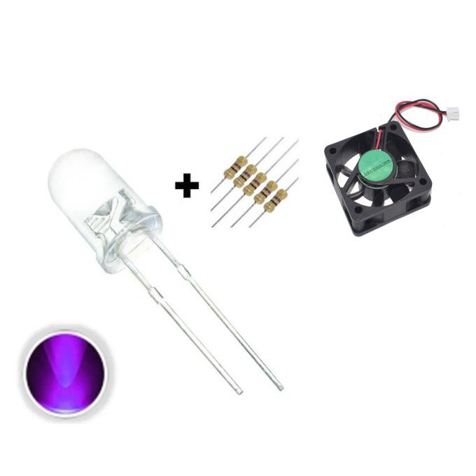 Kit 20 Unidades Led Ultravioleta Uv Alto Brilho 5mm + Resistor 12v 470 Ohms + Fan Cooler 12v