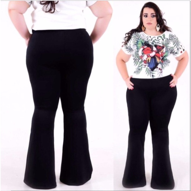 Calça Plus Size Flare Boca de Sino Cintura Alta Poliamida