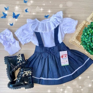 Conjunto Salopete Infantil Fazendinha Menina Bebe Jeans Lizzie