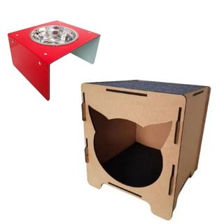 Combo Felinos Gato Cat Casa Toca Nicho MDF comedouro individual 300Ml/g Inox Pet