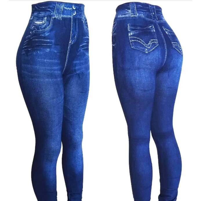 Mulheres Magras Leggings Faux Denim Jeans De Cintura Alta Calças