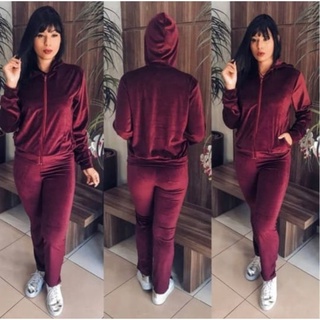Conjunto Feminino Plush Veludo com Capuz Lançamento Inverno Moletom