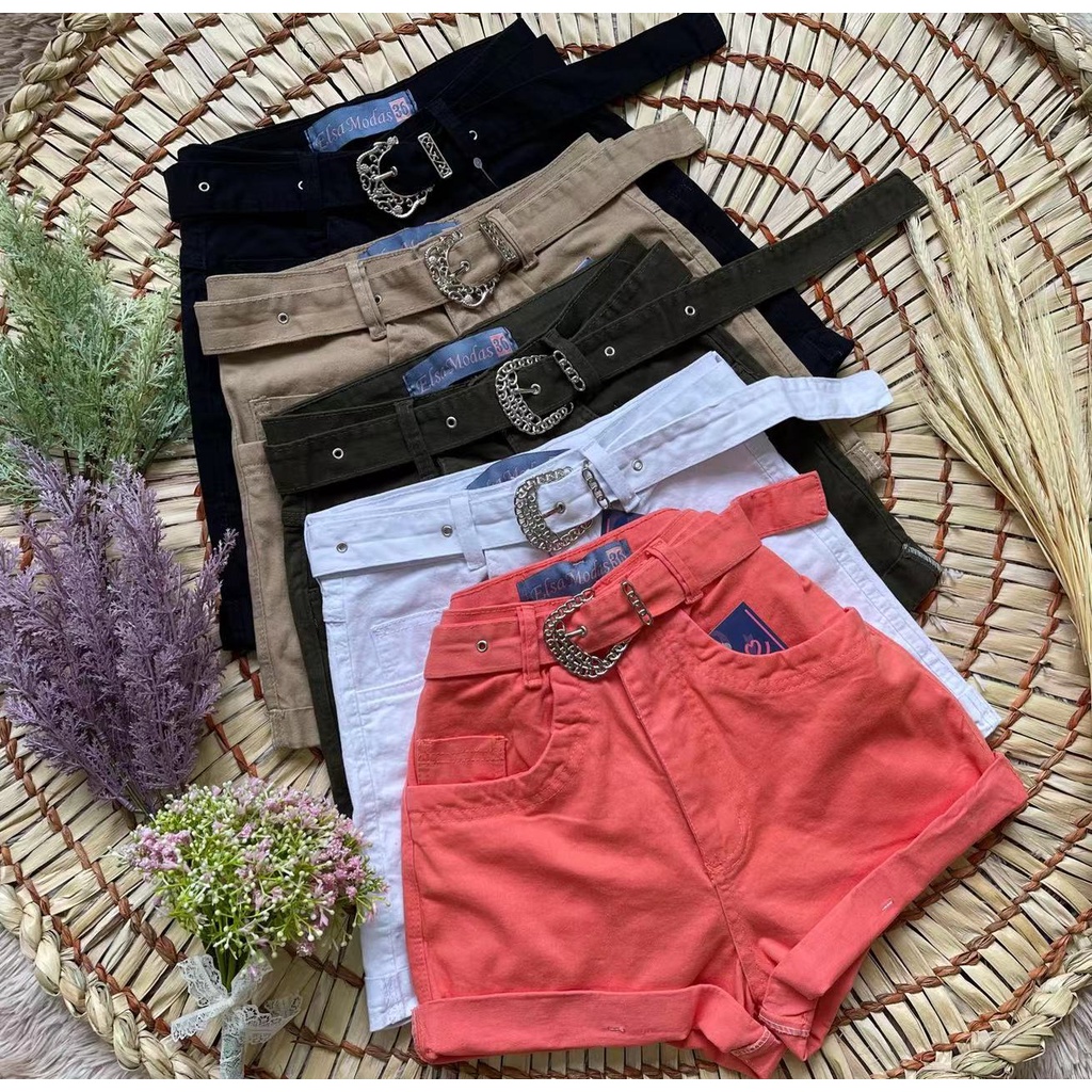 Shorts Jeans preto coloridos com cinto com Lycra feminina Shopee
