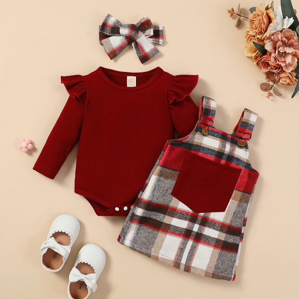 TQ Newborn baby girl Manga Voadora Saia Suspensa Cáqui Xadrez