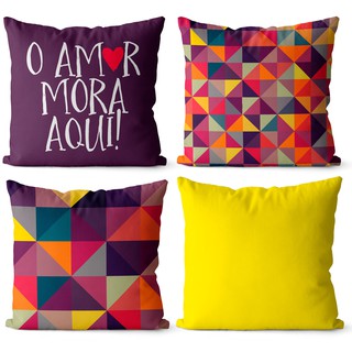 Kit 4 capas de almofadas geométrica roxa com amarelo