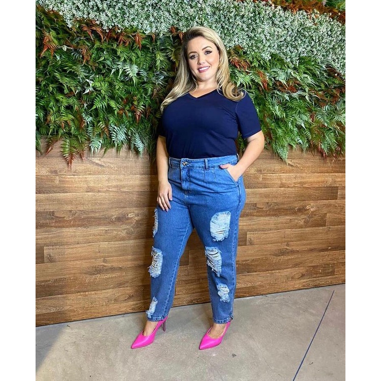 Calça jeans store rasgada plus size