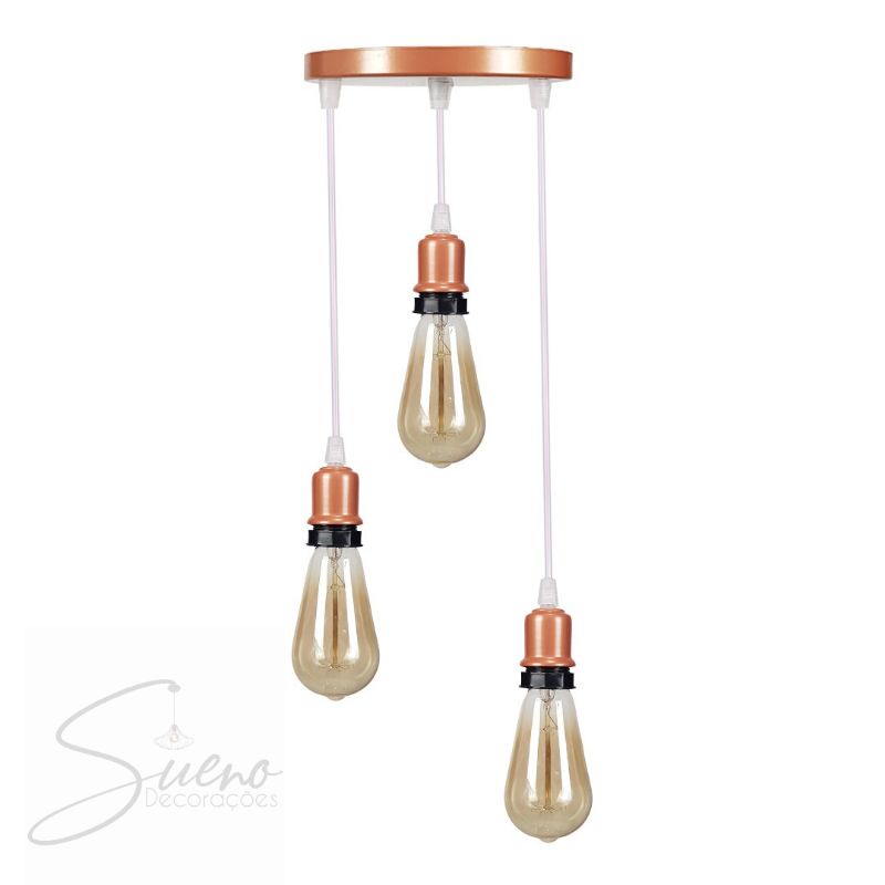Pendente triplo Fio 2 metrôs Cabo Vintage Retro Industrial E27 Rose Gold