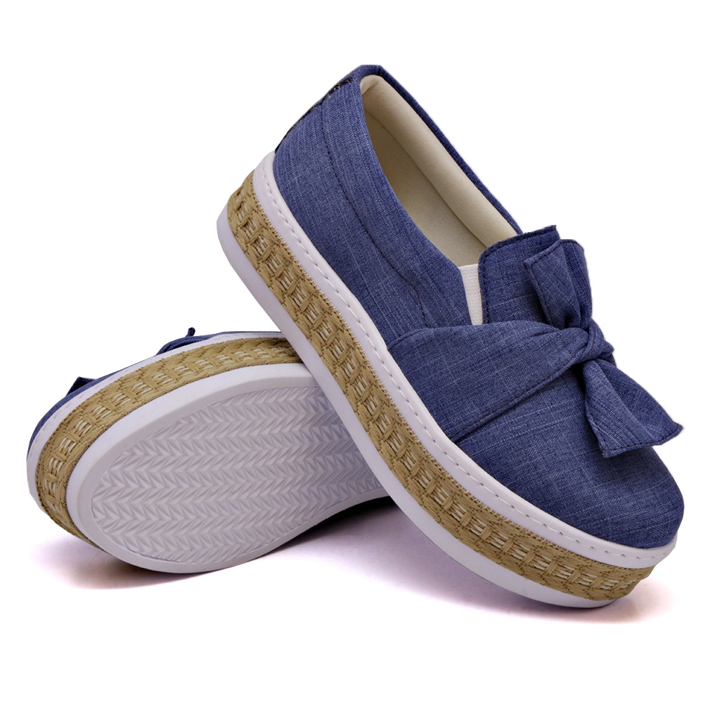 Slip On Plataforma Tenis Iate Feminino DKshoes Modelo Laço jeans Claro Corda