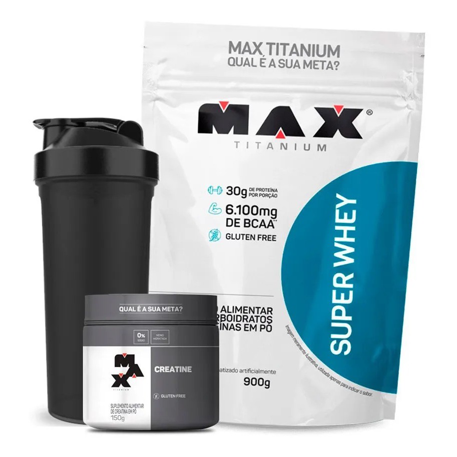 Kit massa muscular Max titanium: Super Whey 900g Isolado E Concentrado + Creatina 100 g + Coqueteleira 600 ml.
