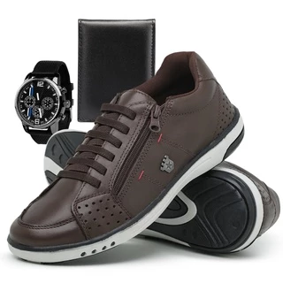 Sapatenis Masculino Casual com Cadarços Acessórios Relógio e Carteira