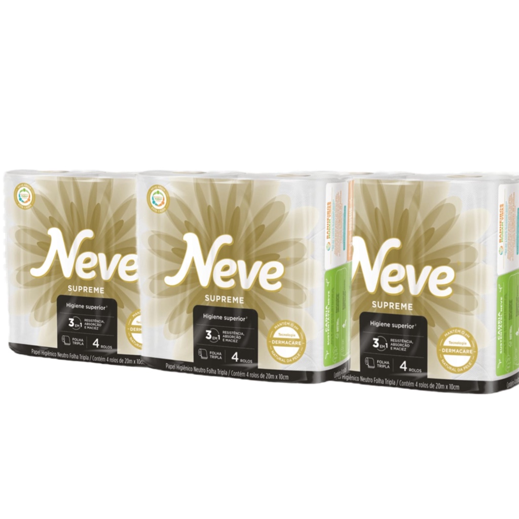 Papel Higiênico Neutro Folha Tripla - Neve Supreme - Kit com 12 rolos de 20mts