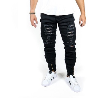 Calça Masculina Jeans Sarja Skinny Rasgada Com Zíper