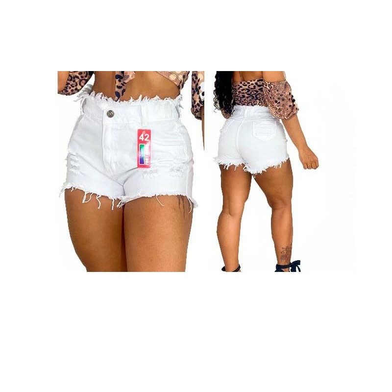 Short jeans branco ano novo destroyed desfiado na cintura Shopee