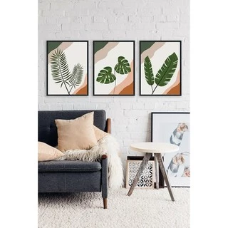Quadro Decorativo Kit 03 Peças 40x60 Folhagem Verde Estilo Boho Para Sala Quarto Escritório Sem Moldura