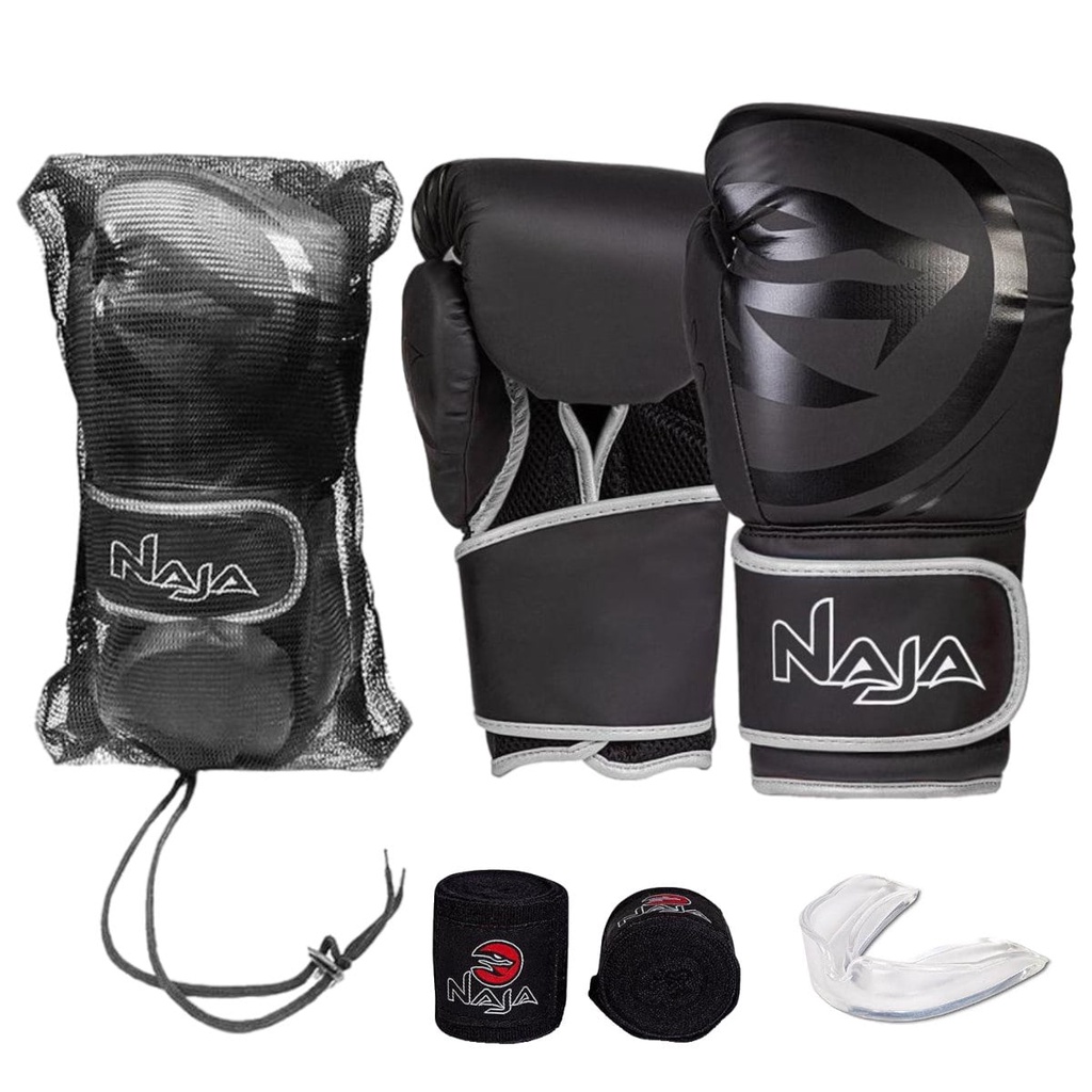 Kit Boxe Naja Black: Luva + Bandagem + Bucal - Prata